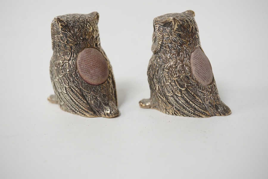 A pair of modern 925 mounted novelty owl pin cushions, 37mm. Condition - fair to good